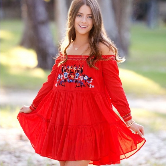 Free People Dresses & Skirts - 👗 Free people Sunbeams Off-The-Shoulder Boho Mini Dress Red Size XS 👗